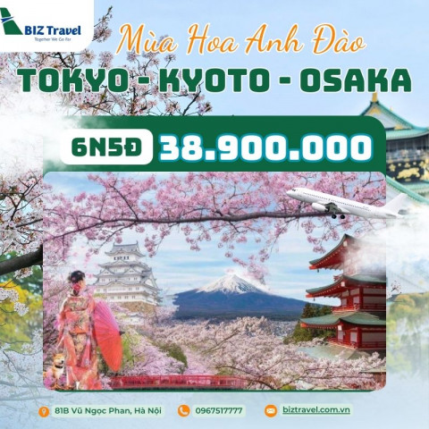 Tour Nhật Bản: Tokyo - Kyoto - Osaka ngắm hoa anh đào 6N5D từ Hà Nội